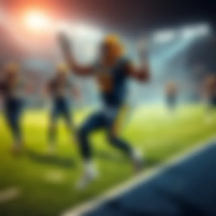 Player McDuffie celebrating on the field after making a crucial interception, with teammates around him in a victorious moment.