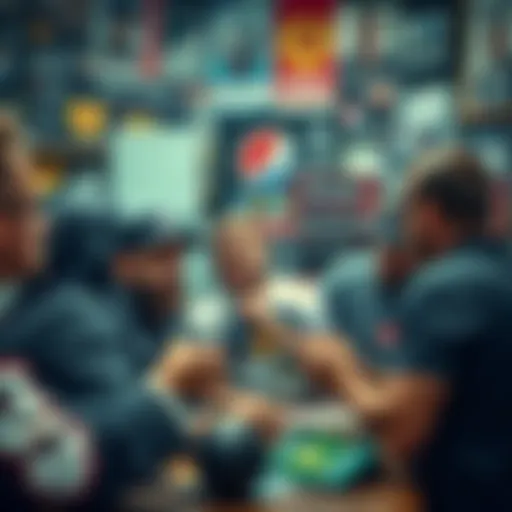 A group of sports fans discussing their bets on McGregor's matches, surrounded by sports memorabilia and advertisements.