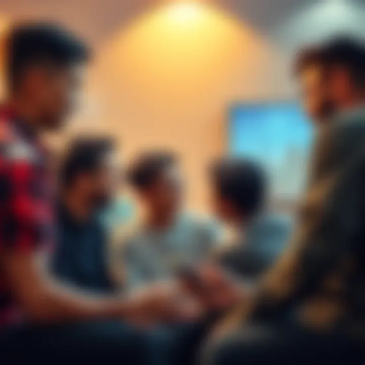 A group of friends chatting casually, with one person using a smartphone, illustrating the evolution of the term 'Bro' in social interactions.