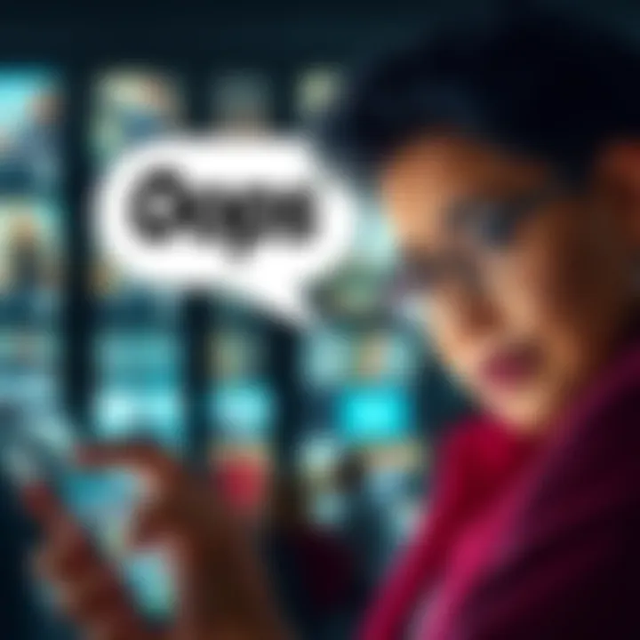 Meaning of 'Oops' on Social Media A person looking surprised at a phone while scrolling through social media posts, with a speech bubble showing the word 'oops'.