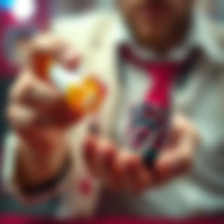 A person holding a pill bottle in one hand and a stack of casino chips in the other, representing the link between medication and gambling addiction.