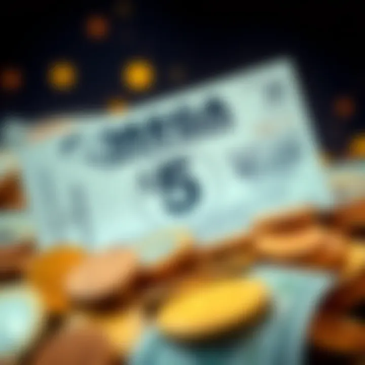 Mega Millions Lottery Ticket A close-up of a Mega Millions lottery ticket with a price tag of $5, surrounded by cash and coins to represent potential winnings.