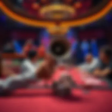 A person holding a megaphone at a poker table during WSOP, players looking on intently