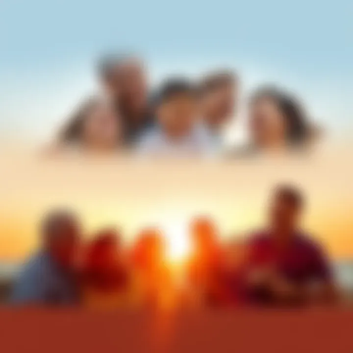 A collage of joyful life events including friends laughing, a family gathering, and a beautiful sunset