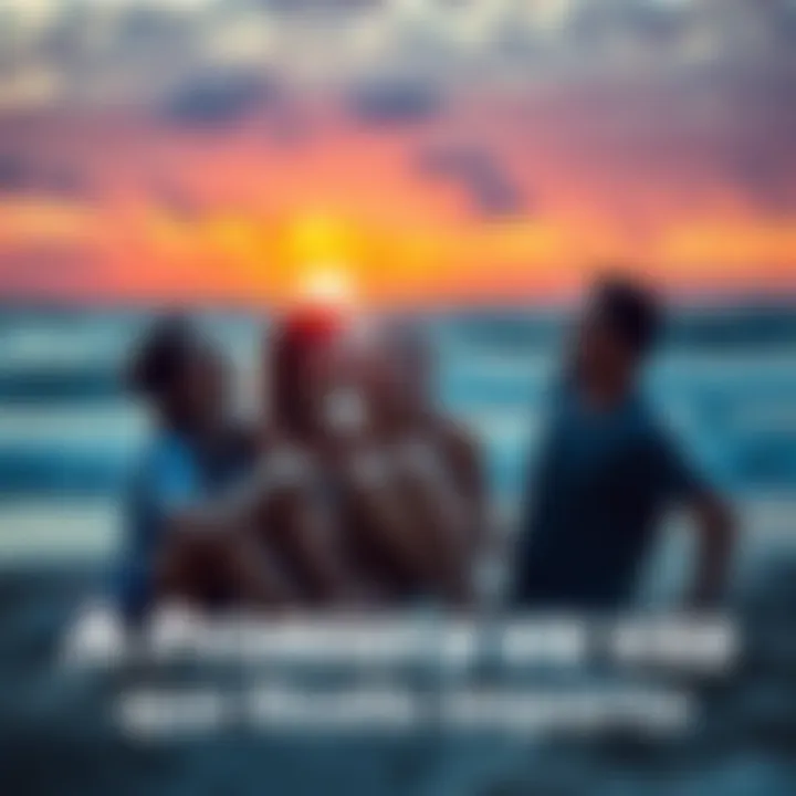 Memorable moment between friends A group of friends sharing a laugh during a sunset at the beach, capturing a memorable experience together.