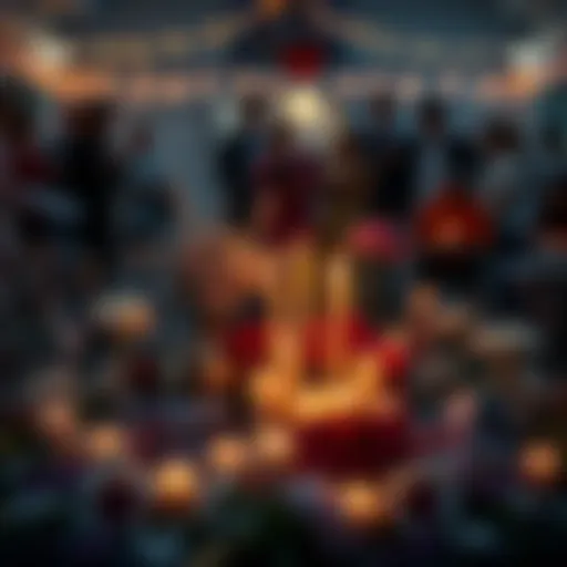 A heartfelt memorial setup with candles and flowers, honoring the absence of the reload guy, surrounded by a gathering of people sharing memories.