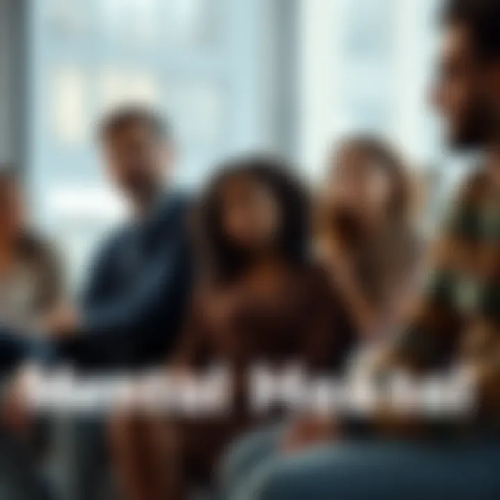 A group of diverse people sitting together, discussing mental health issues and support, showing expressions of concern and understanding.