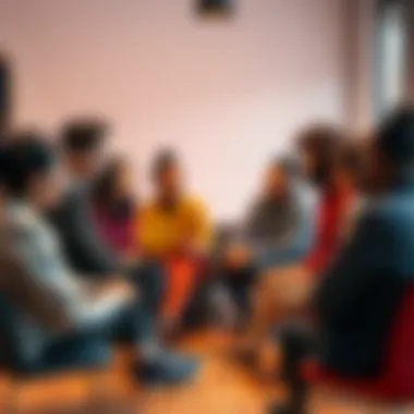 Mental Health Discussion A diverse group of people sitting in a circle, sharing their thoughts on mental health, with concerned expressions and supportive gestures.