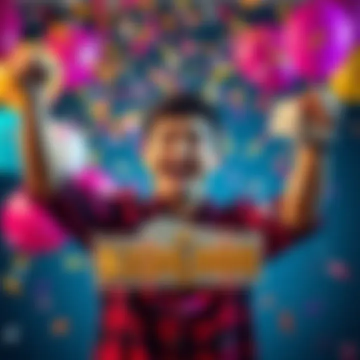 Mental Victory Celebration A joyful person celebrating a $20,000 win with a big smile, holding cash in their hands, surrounded by confetti and balloons.