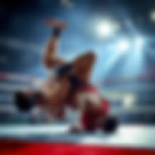 Merab demonstrates his skill by taking down his opponent during a match, showcasing athleticism and technique.