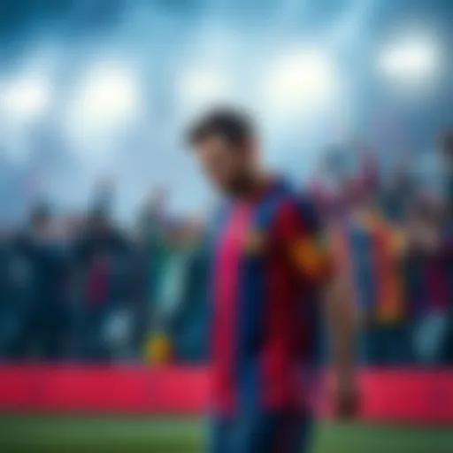 Lionel Messi looking frustrated on the field while fans express their disappointment in the background