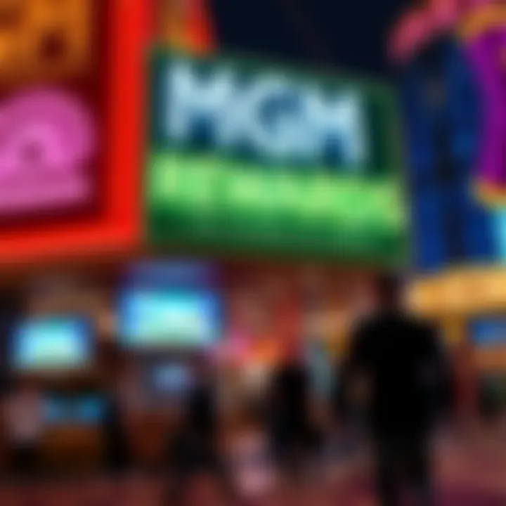A bright MGM Rewards sign in front of a busy casino, attracting visitors with promotional offers.