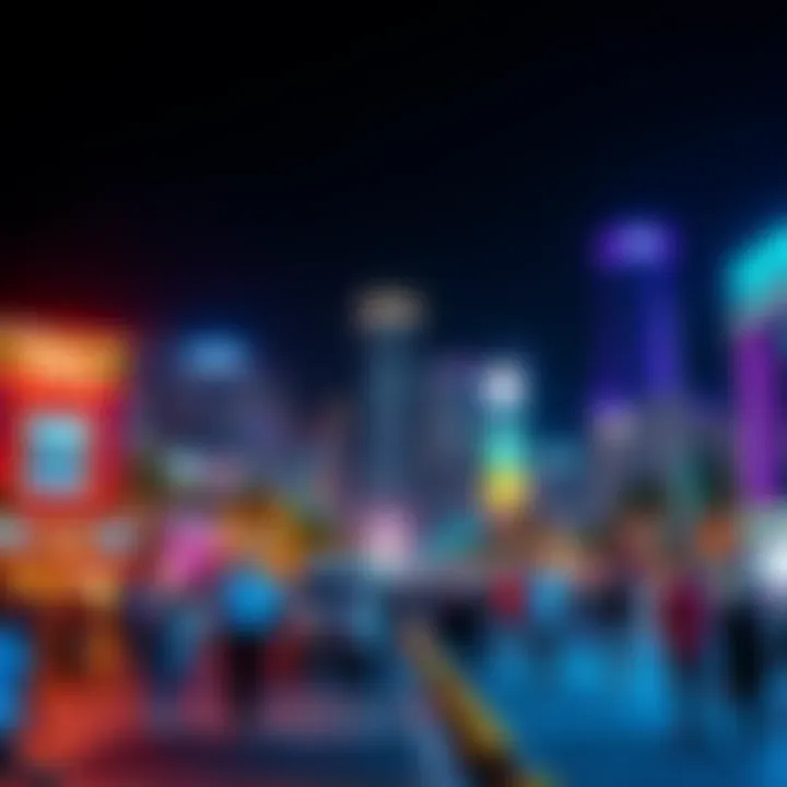 Miami skyline with vibrant nightlife Bright Miami skyline at night showing bustling streets and excited crowds enjoying nightlife.