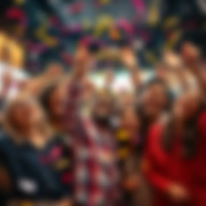 A group of happy people celebrating their lottery wins with confetti and smiles, showcasing joy and excitement.