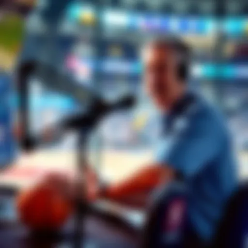 Mike Breen in a broadcasting booth with a microphone, engaging passionately while calling a basketball game