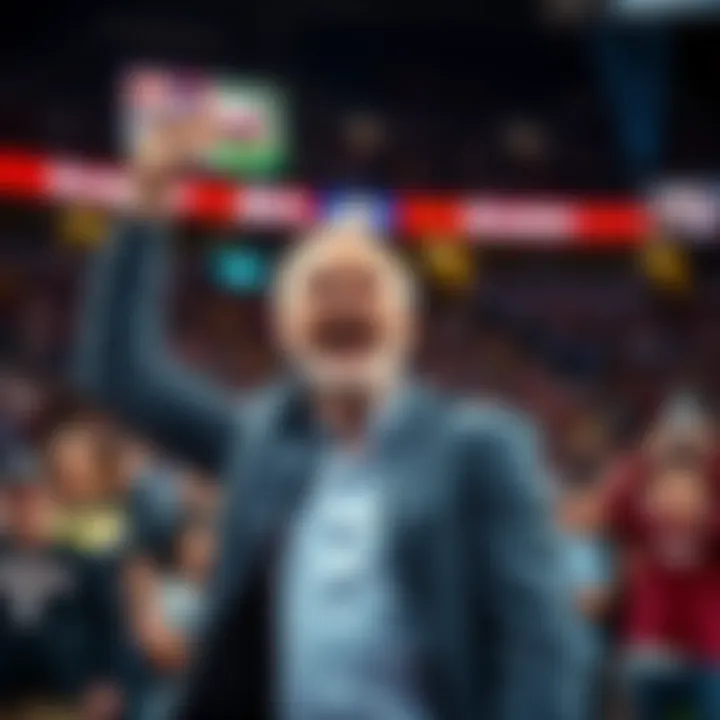 Mike Breen energetically announcing a basketball game, with fans cheering in the background