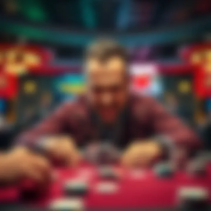 Mike the Mouth playing poker at a high-stakes tournament, surrounded by chips and cards