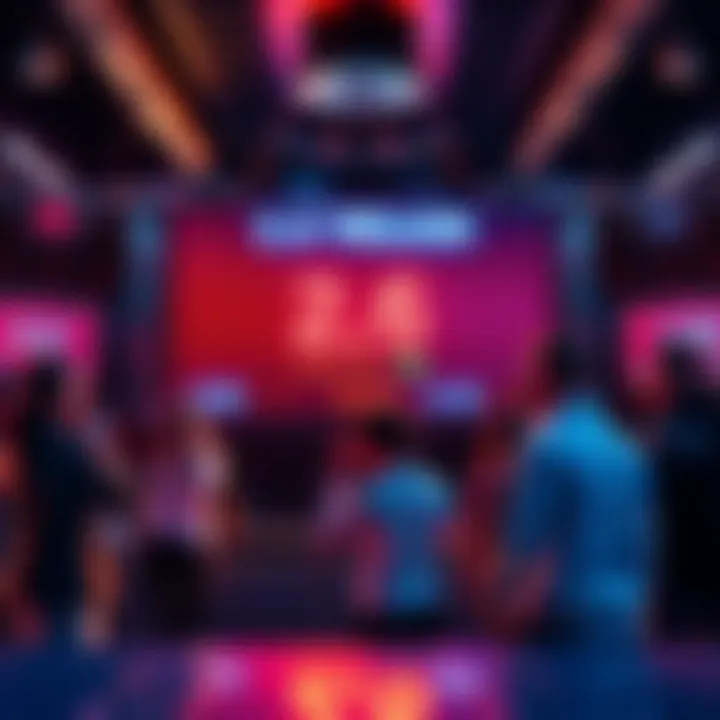 A group of excited people discussing their popslots achievements with a digital scoreboard displaying 2.6 trillion