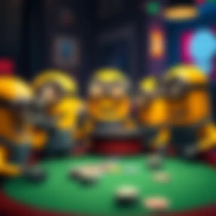 Minions gathered around a poker table with chips and cards, discussing their support for Gru's plan.