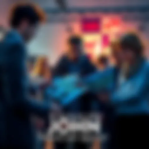 A group of people discussing a missing person case with maps and photos in hand, showing concern and determination.