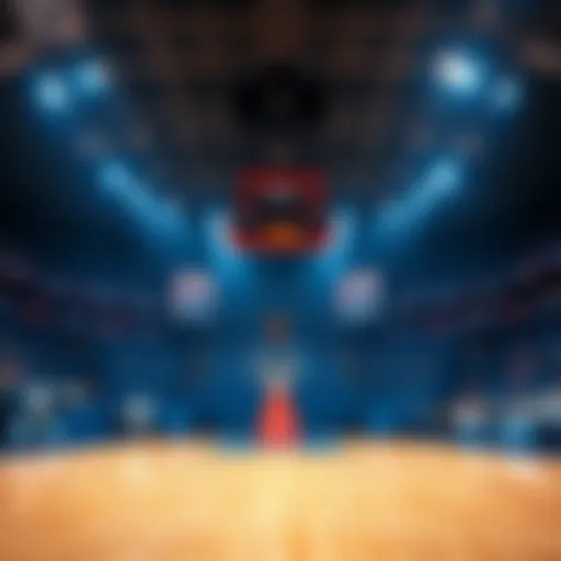 A basketball court with empty seats and a scoreboard highlighting the absence of key players Pozingas and Gui, showing concern among fans.