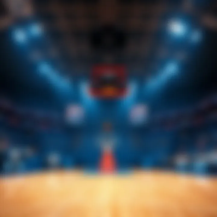 A basketball court with empty seats and a scoreboard highlighting the absence of key players Pozingas and Gui, showing concern among fans.