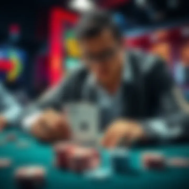 A poker player examining cards at a table with chips, focused on balancing strategies in a game environment