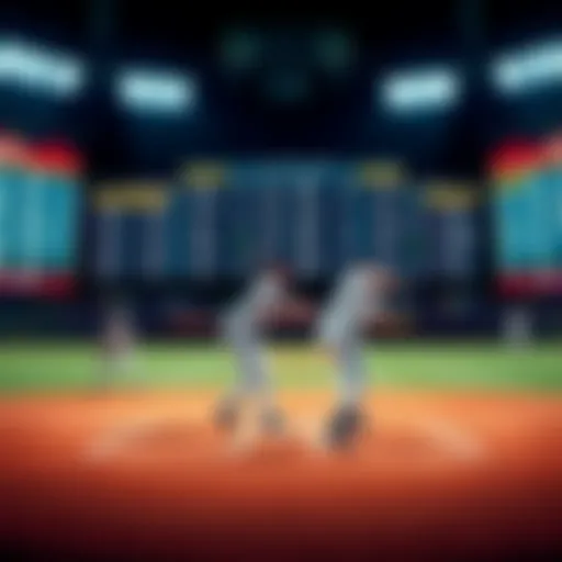 A baseball field with players in action, focusing on a pitcher and batter, surrounded by betting odds on a screen.