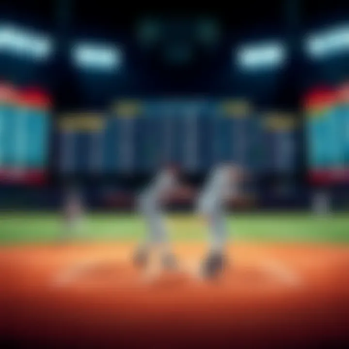 A baseball field with players in action, focusing on a pitcher and batter, surrounded by betting odds on a screen.