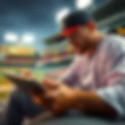 A baseball player analyzing stats on a tablet with a notepad and pencil beside him, focused on betting strategies for MLB games.