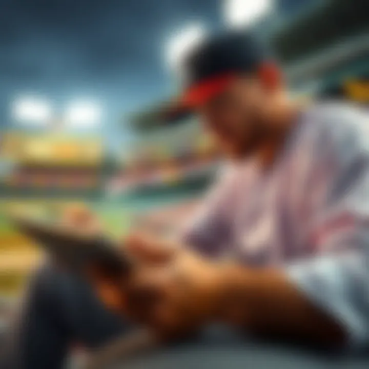 MLB Betting Analysis A baseball player analyzing stats on a tablet with a notepad and pencil beside him, focused on betting strategies for MLB games.