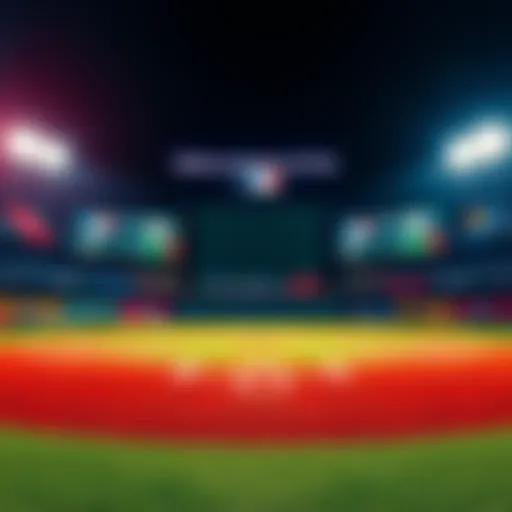 A baseball field with a scoreboard displaying teams and odds, alongside betting tools and chat features for fans.