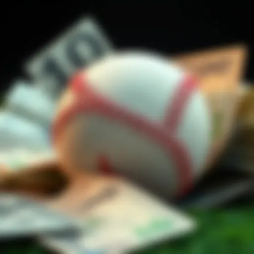 A baseball with betting tickets and dollar bills, representing a parlay bet in MLB with high returns.