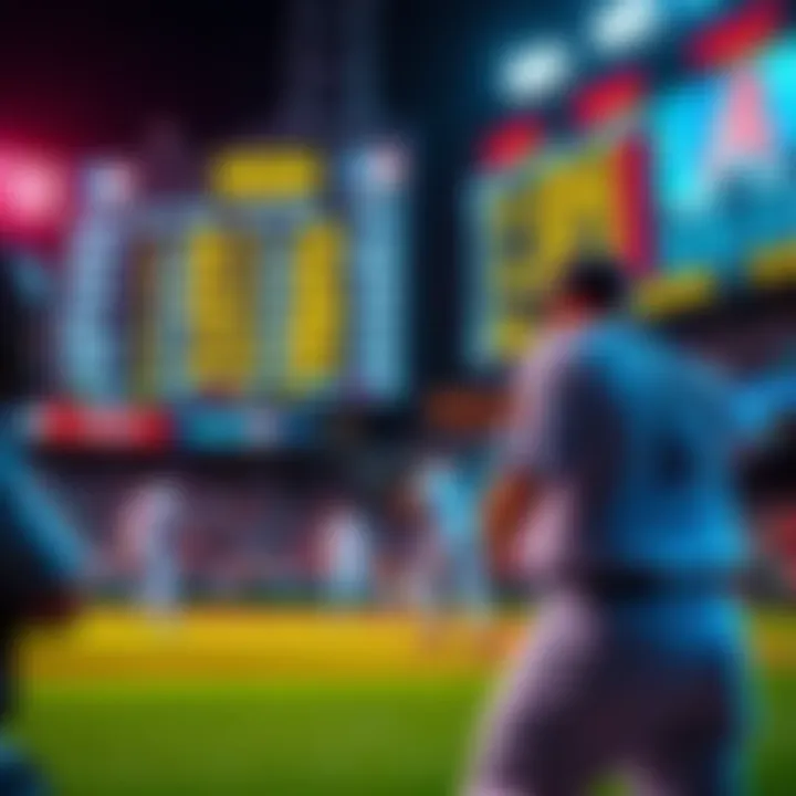 MLB Betting Strategies A close-up of a baseball game with players in action, highlighting the excitement of betting on MLB games, with statistics displayed on a scoreboard in the background.