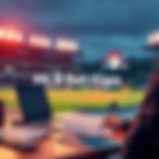 A person analyzing baseball stats and notes on a table with a laptop and a baseball stadium in the background.