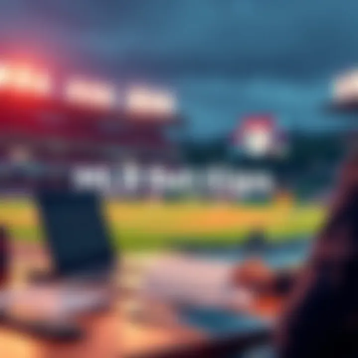 A person analyzing baseball stats and notes on a table with a laptop and a baseball stadium in the background.