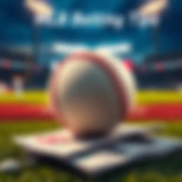 A baseball on a betting slip with dollar signs and a background of a baseball field
