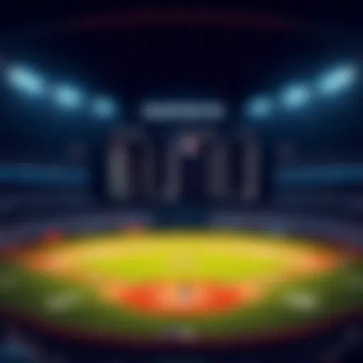 A baseball field with a scoreboard displaying game statistics and odds, showcasing a betting theme