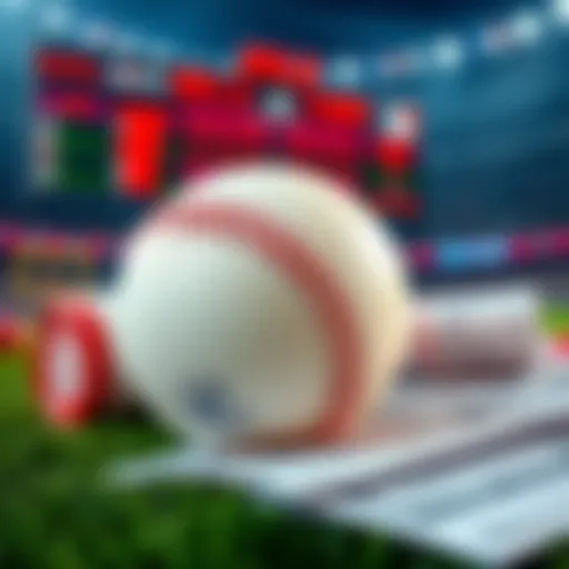A baseball with betting slips and a scoreboard in the background, highlighting sports betting for MLB games.