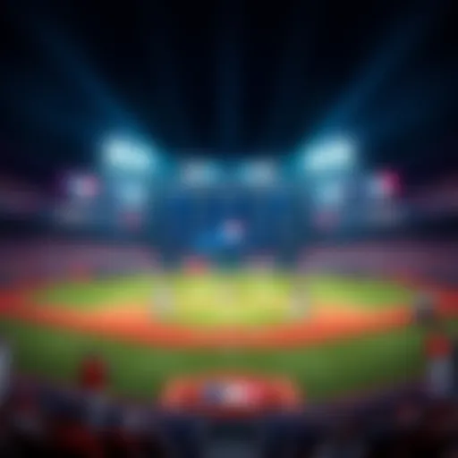 Baseball field with players in action and betting odds displayed on a screen