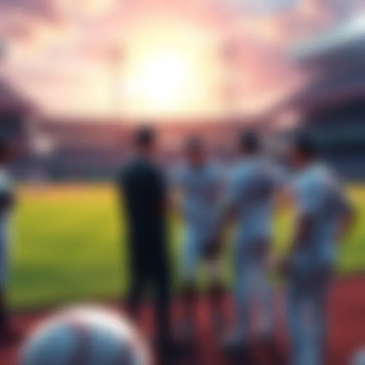 A baseball field with players in action, showcasing a strategy discussion among teammates during a game.