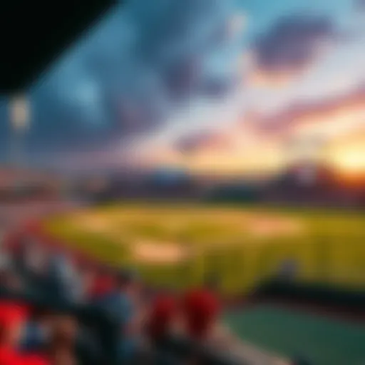 A baseball field with players warming up before a game, showcasing team logos and fans in the stands.