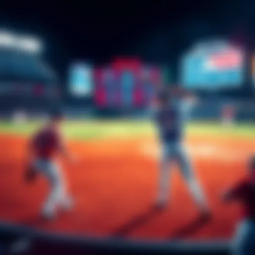 A baseball field with players celebrating a home run, statistics displayed on a scoreboard in the background