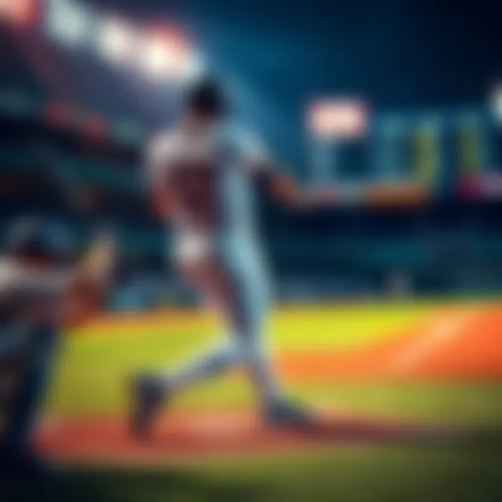 Baseball player hitting a home run during a game, with betting odds displayed in the background.