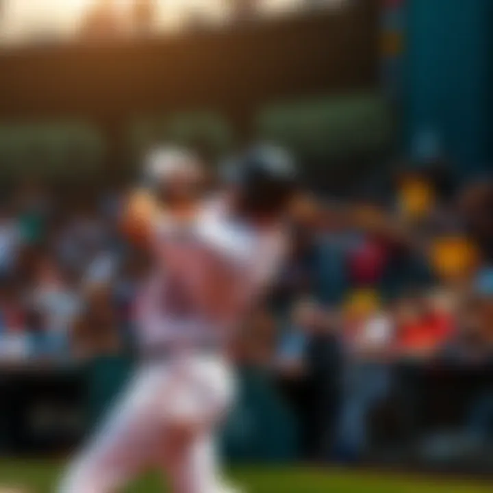 A baseball player swinging for a home run at a stadium, with fans in the background excitedly cheering.