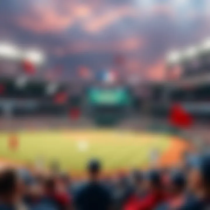 A lively scene of fans celebrating at a Major League Baseball game on opening day, with players on the field and team banners displayed.