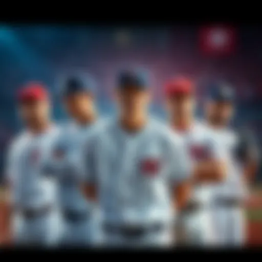 A group of baseball pitchers in team uniforms preparing for the MLB Opening Day, showcasing their team logos and gear.