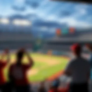 MLB Weekend Games Fans excited for MLB games with players on the field and cheering crowd in the stands.