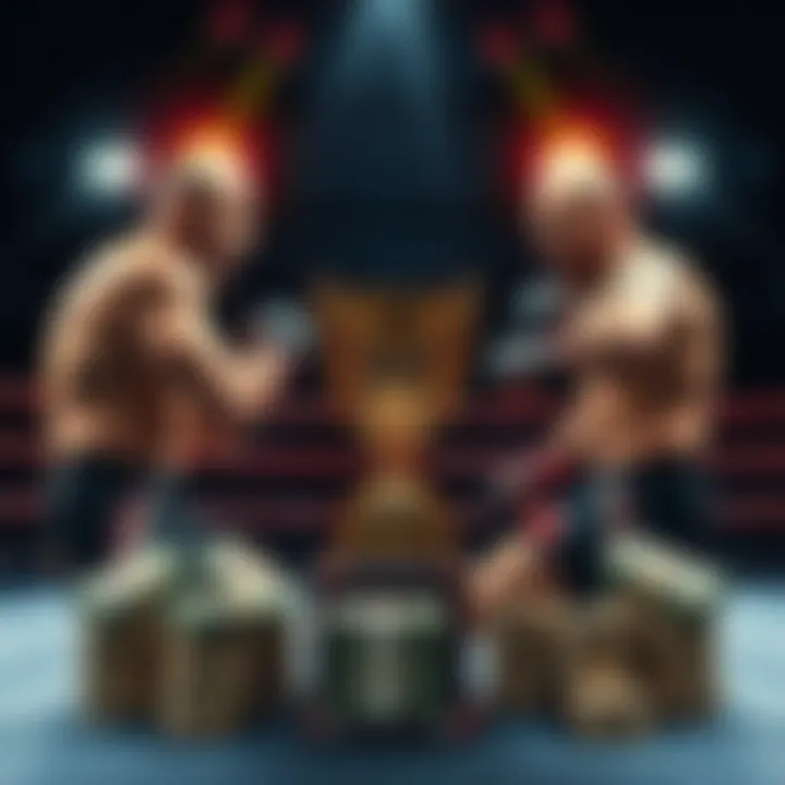 Fighters in an MMA ring with a trophy and cash prizes on display