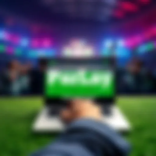 A person placing bets on a football game on a laptop with cheering fans in the background.